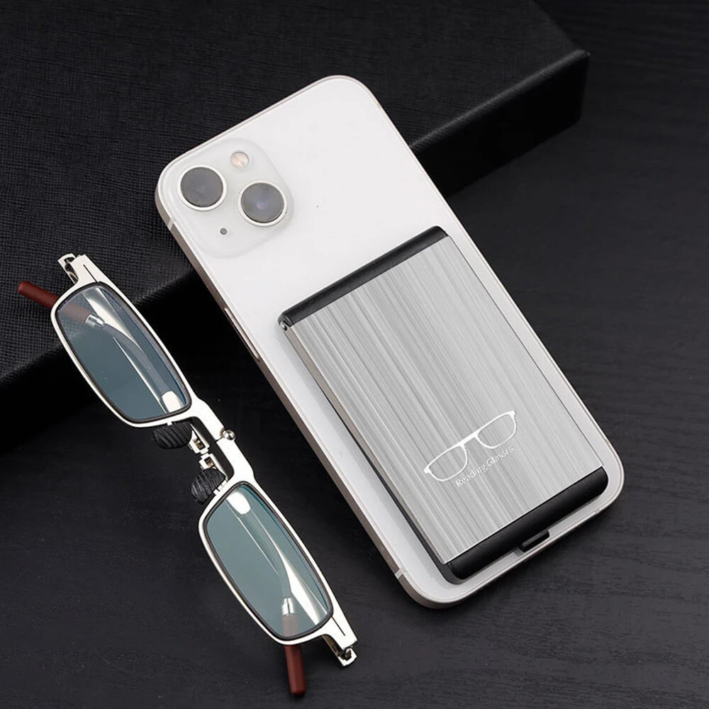 (image for) 2 in 1 Portable Folding Reading Glasses with Metal Glasses Case Mobile Phone Holder HD Anti-Fatigue Anti-blue Light Presbyopic Glasses