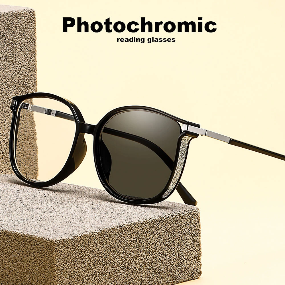 (image for) Anti-blue Light Photochromic Reading Glasses Fashion Diamonds Frames Outdoor UV protection Presbyopia Eyeglasses