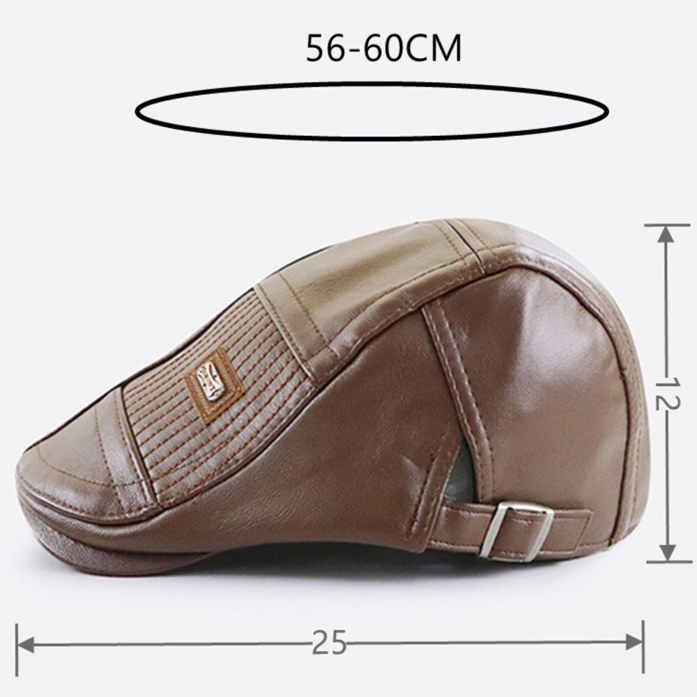 (image for) Collrown Beret Mens Adjustable PU Leather Flat Cap Stitch Newsboy Cap Driving Fishing Cabbie Hat Peaked Cap for Autumn Winter