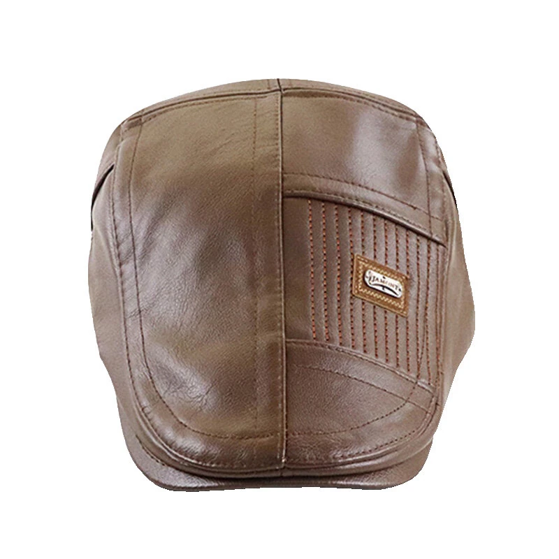 (image for) Collrown Beret Mens Adjustable PU Leather Flat Cap Stitch Newsboy Cap Driving Fishing Cabbie Hat Peaked Cap for Autumn Winter