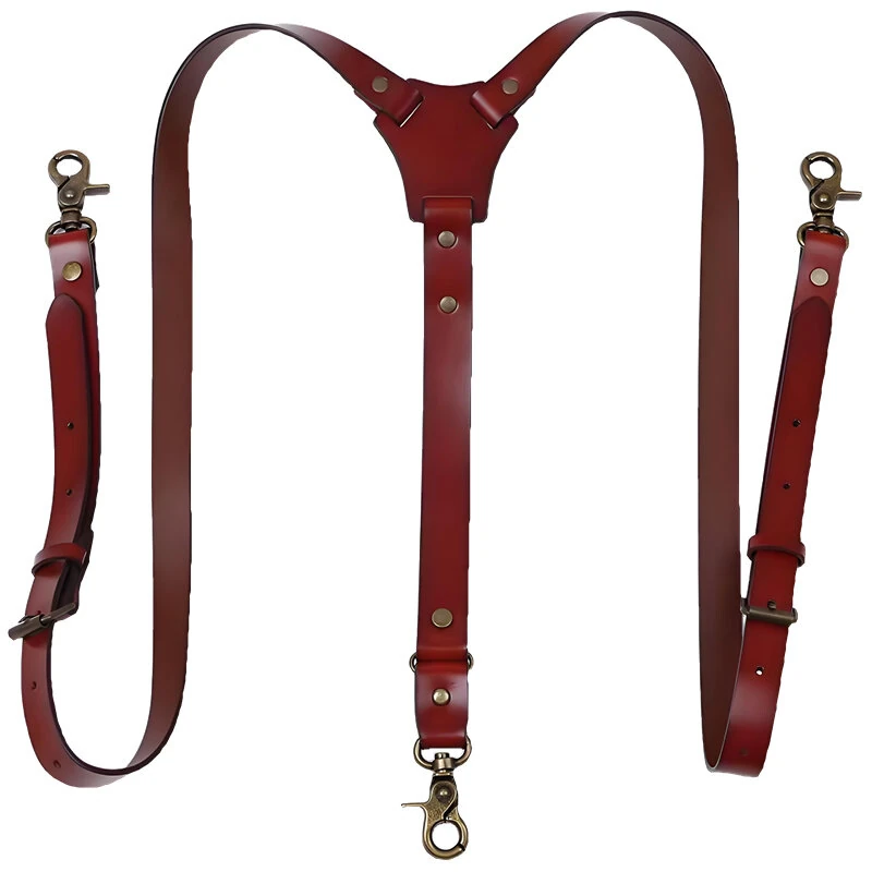 (image for) Men's PU Leather Suspenders Retro Style Y back Adjustable Belt Loop 3 Snap Hooks Belt Mens Trousers Braces